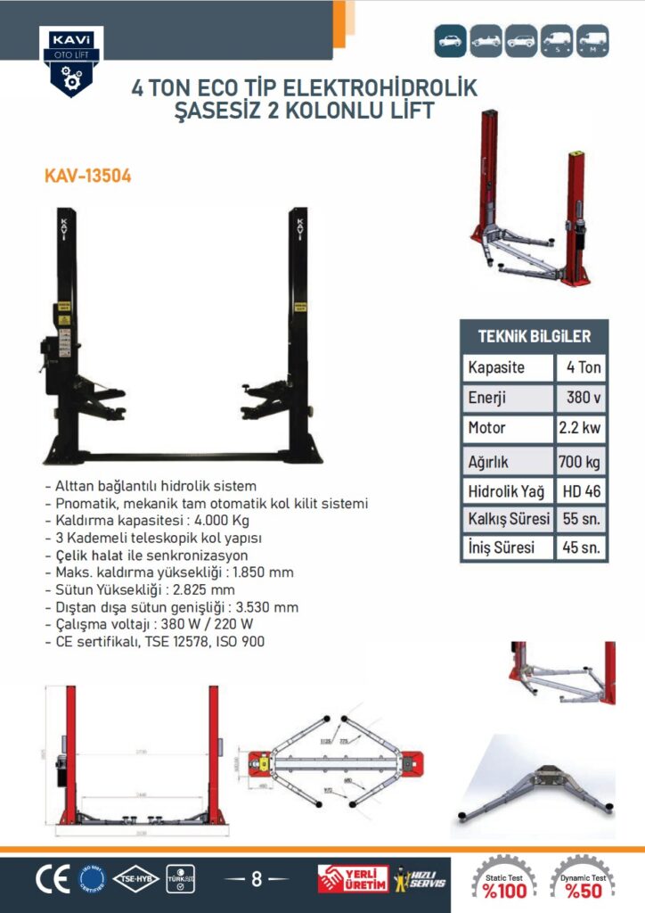 4 TON 2 SÜTÜNLU ŞASELİ BiNEK HAFİF TİCARİ LİFT