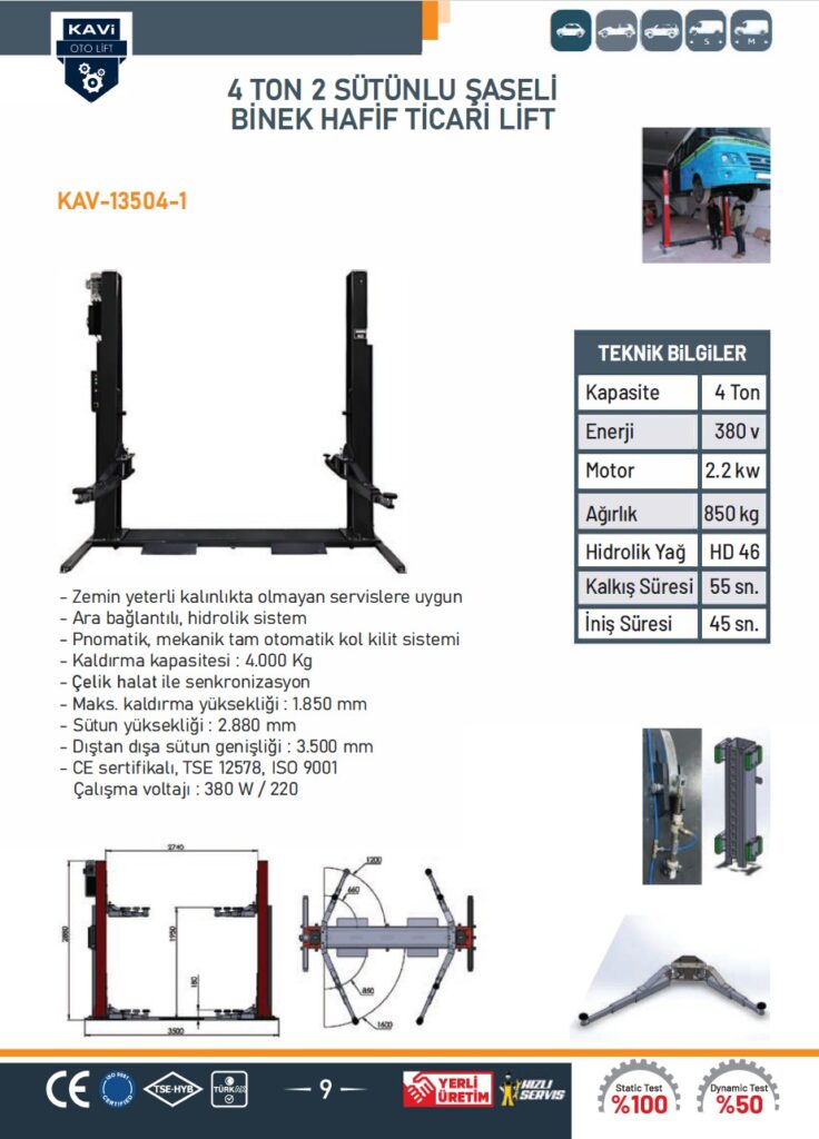 4 TON 2 SÜTÜNLU ŞASELİ BiNEK HAFİF TİCARİ LİFT
