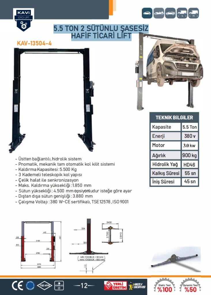 5.5 TON 2 SÜTÜNLU ŞASESİZ HAFİF TİCARİ LİFT